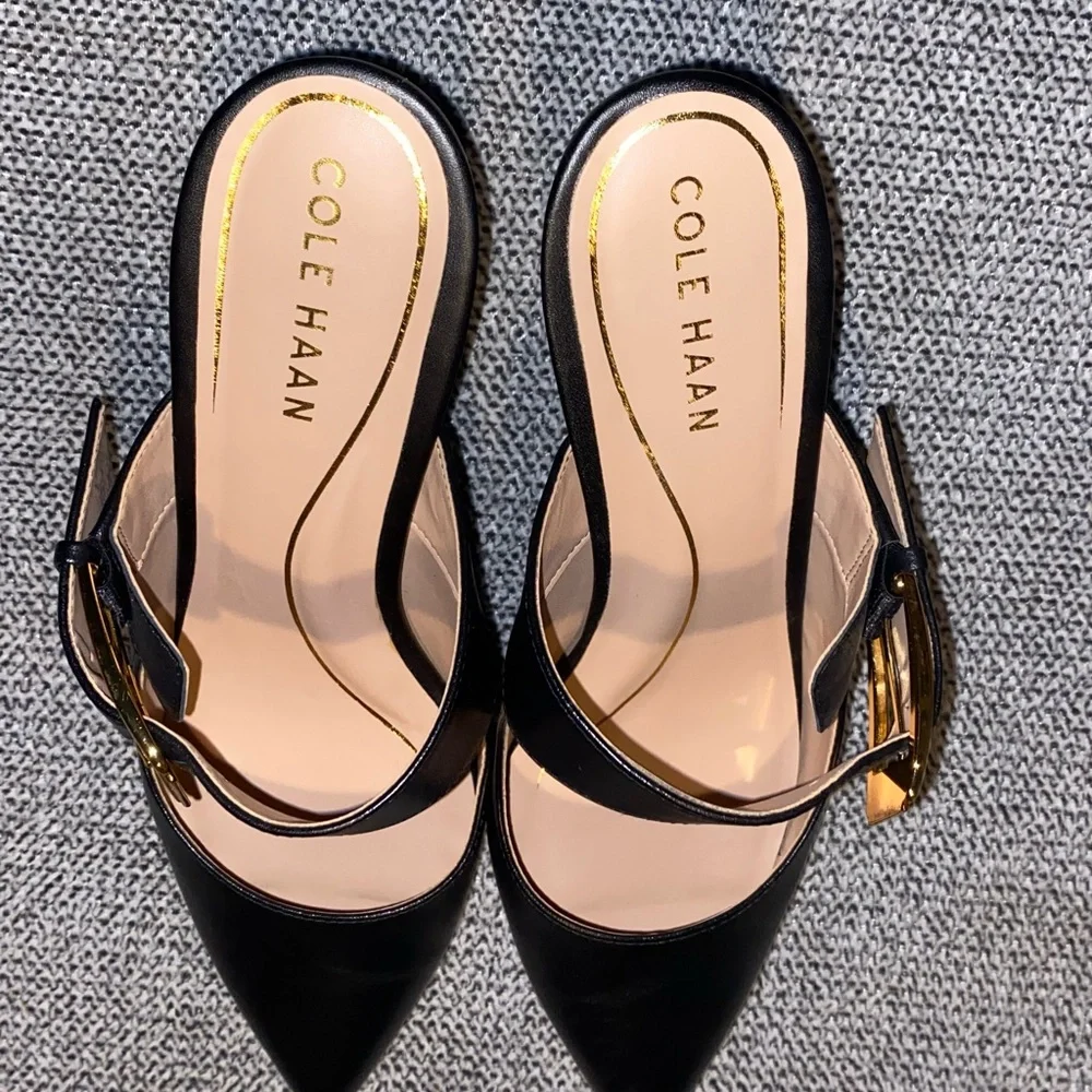 (NWOT)COLE HAAN-Kitten Heel Mules with Gold Buckle - Picture 9 of 16